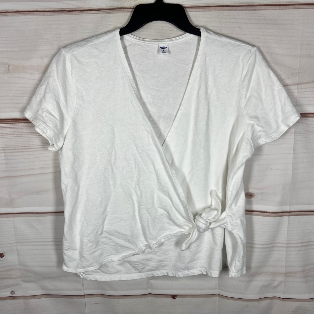 Old Navy Wrap Top Womens XL White Solid Short Sleeve Side Tie V-Neck Cotton Knit